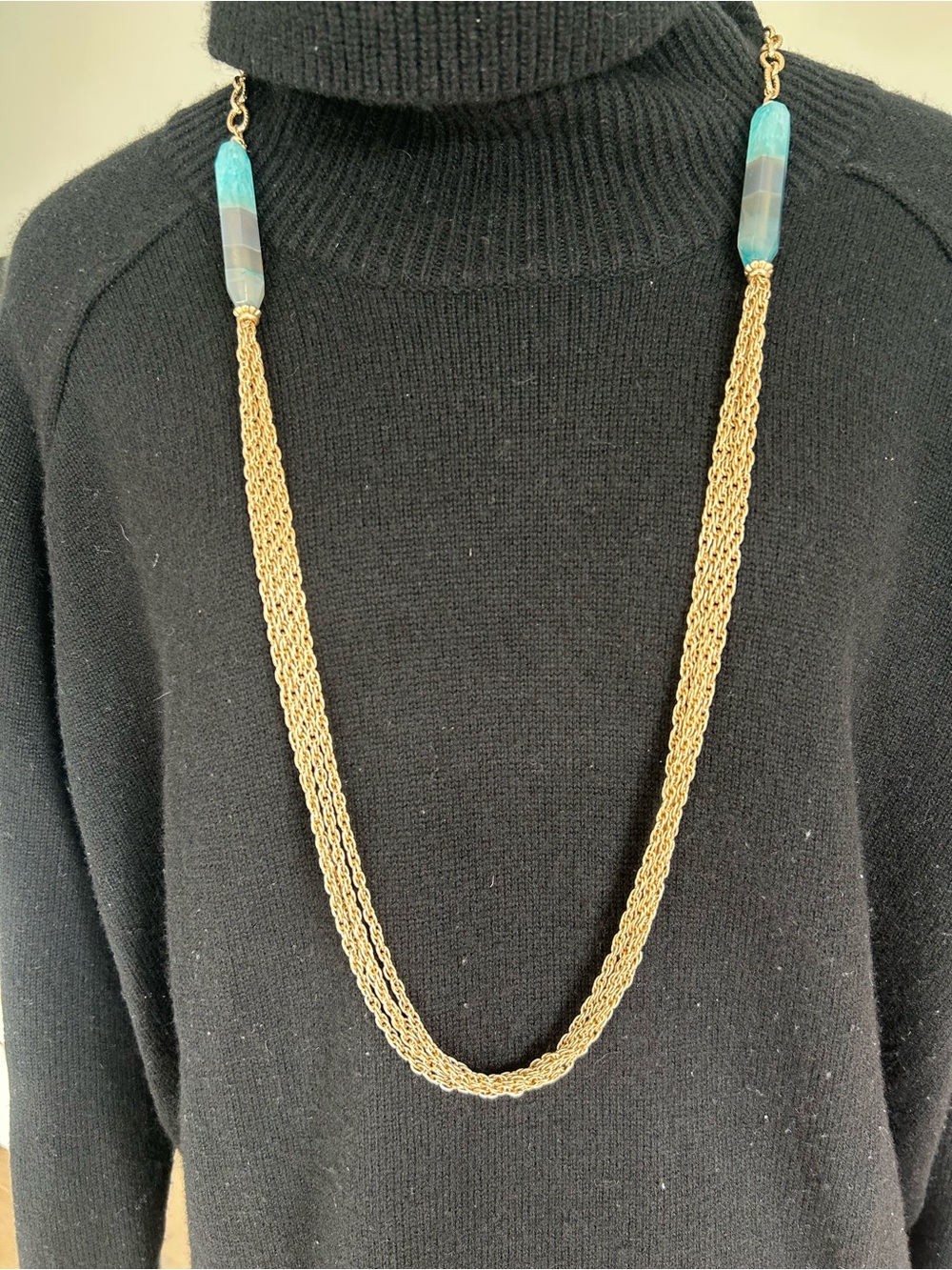 Long Gold Chain Necklace with Turquoise Bead Accents Chicos